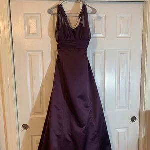 David's Bridal Satin Empire Waist Ball Gown with Halter in Plum